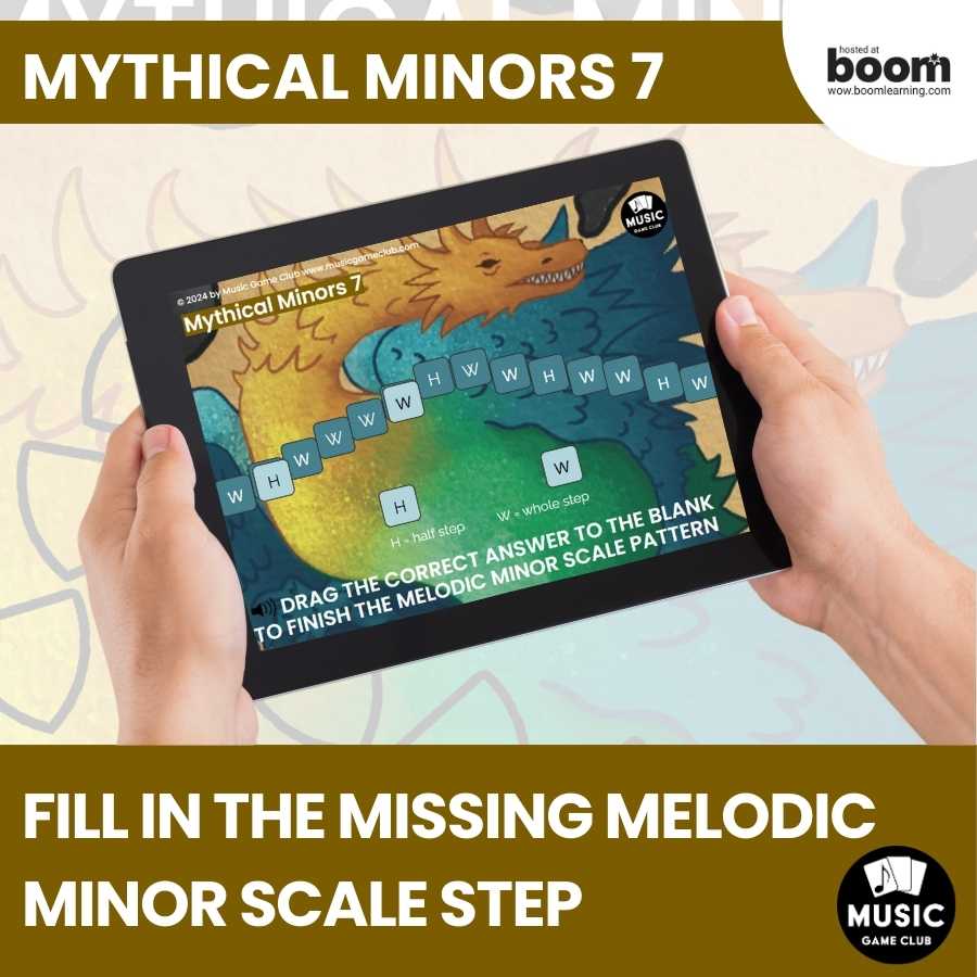 Fill in Missing Melodic Minor Scale Step Boom™ Cards Digital Music Game (Mythical Minors 7)