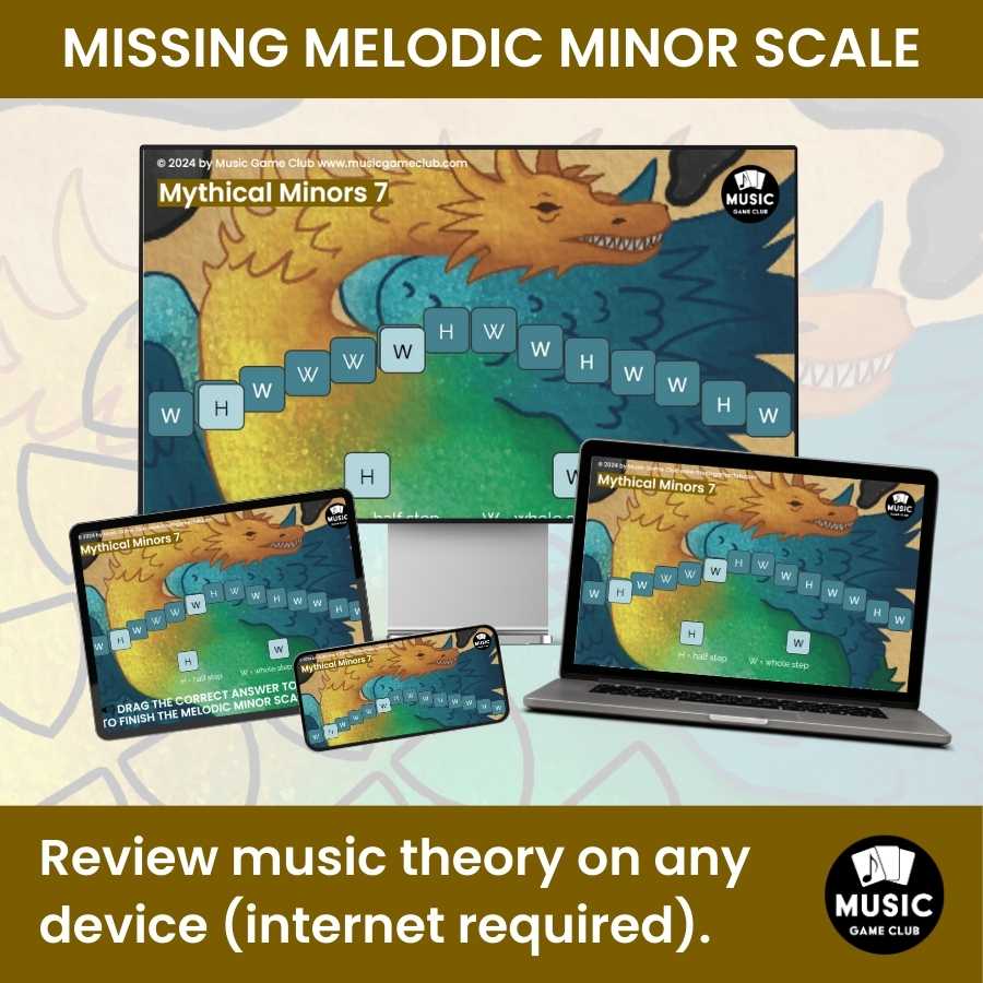 Fill in Missing Melodic Minor Scale Step Boom™ Cards Digital Music Game (Mythical Minors 7)