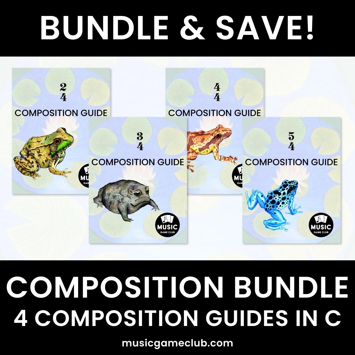 Composition Guide Bundle in C - teach students to compose in 2/4, 3/4, 4/4, 5/4 - Printable