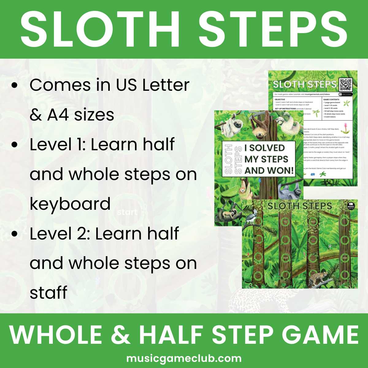 Sloth Steps Whole & Half Steps Game - Printable