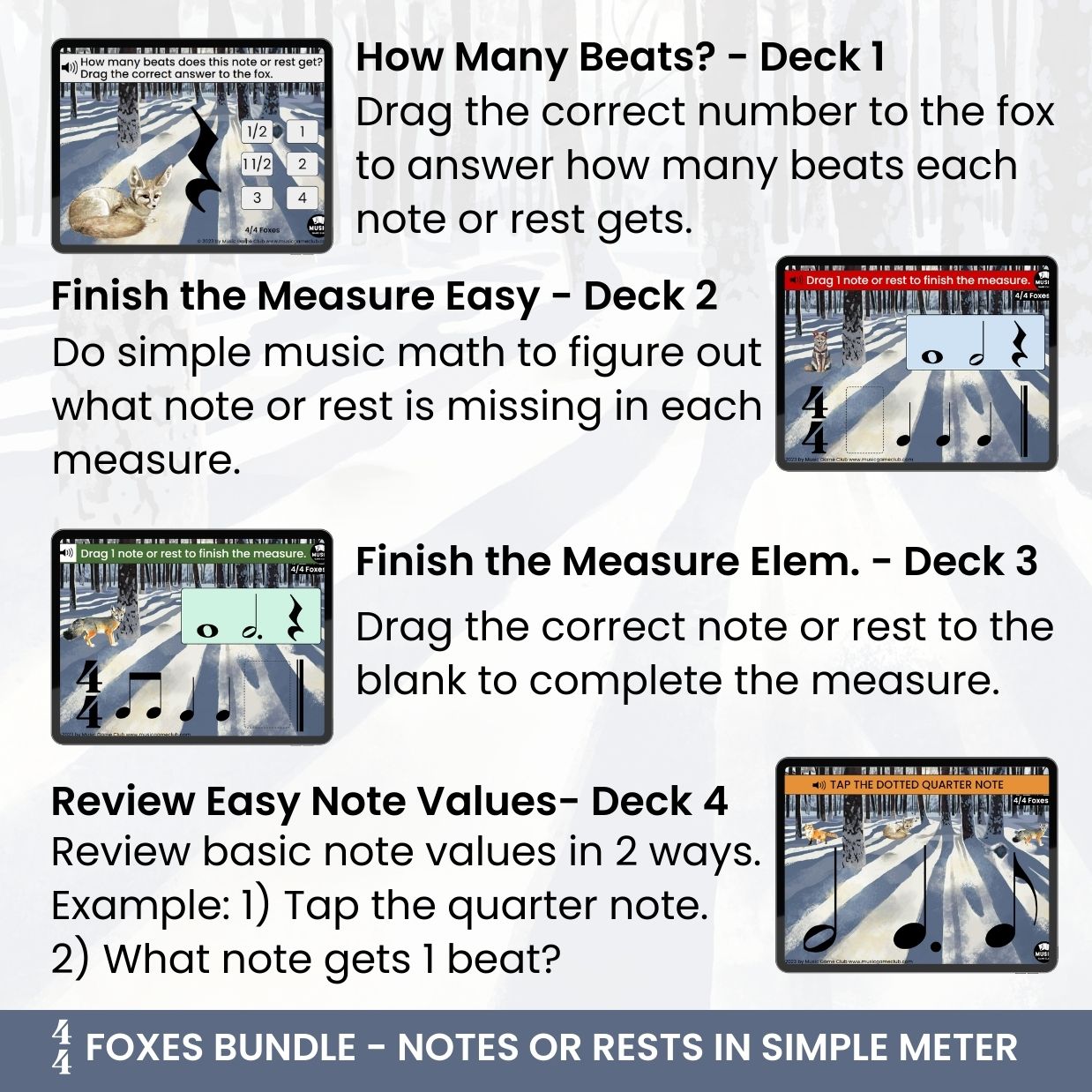 4/4 Foxes Bundle Notes and Rests in Simple Meter Boom™ Cards Digital Music Game