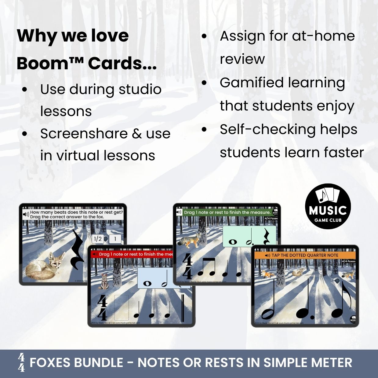 4/4 Foxes Bundle Notes and Rests in Simple Meter Boom™ Cards Digital Music Game