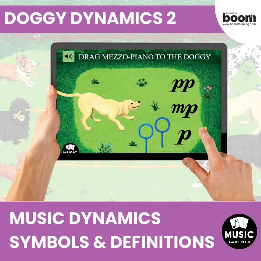 Music Dynamics Symbols Definitions (Doggy Dynamics 2) Boom™ Cards Digital Music Game