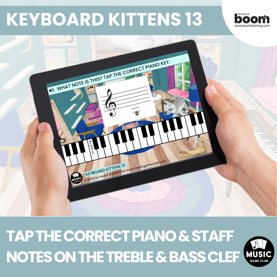 Piano Staff Notes Treble Bass Clef (Keyboard Kittens 13) Boom™ Cards Digital Music Game