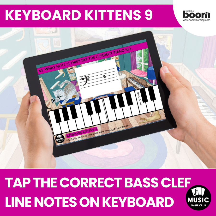 Piano Staff Bass Clef Line Notes (Keyboard Kittens 9) Boom™ Cards Digital Music Game