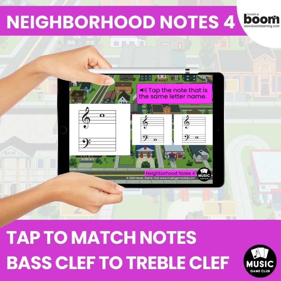 Match Notes: Bass Clef to Treble Clef (Neighborhood Notes 4) Boom™ Cards Digital Music Game