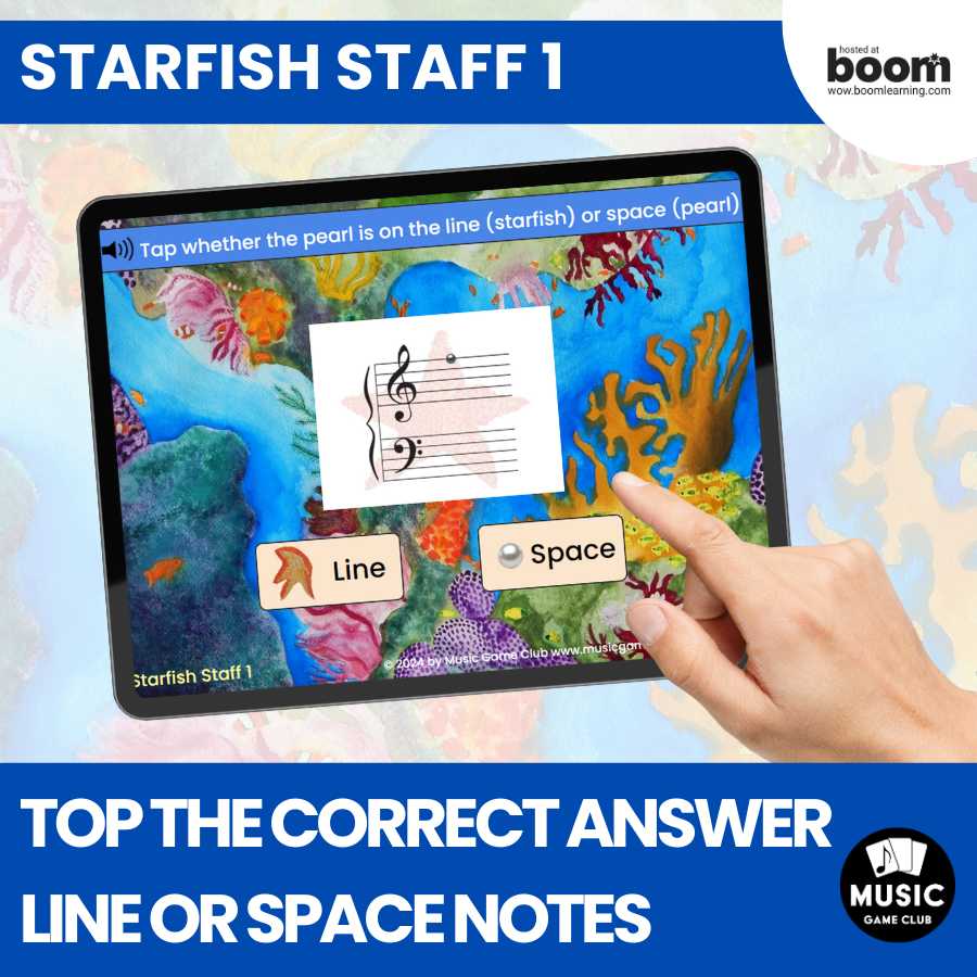 Tap Line or Space Notes Boom™ Cards Digital Music Game (Starfish Staff 1)