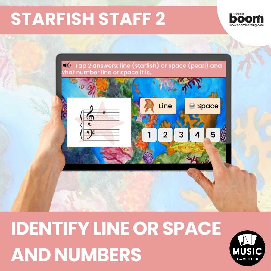 Tap Line or Space Notes Boom™ Cards Digital Music Game (Starfish Staff 2)