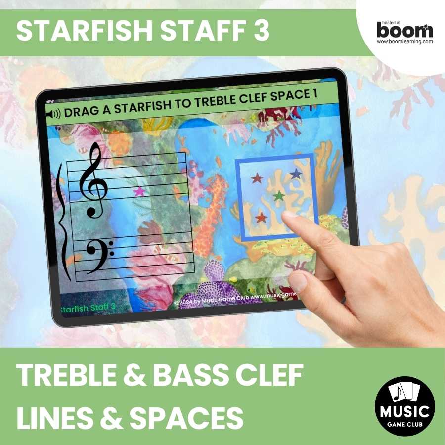 Treble Bass Clef Lines Spaces Boom™ Cards Digital Music Game (Starfish Staff 3)