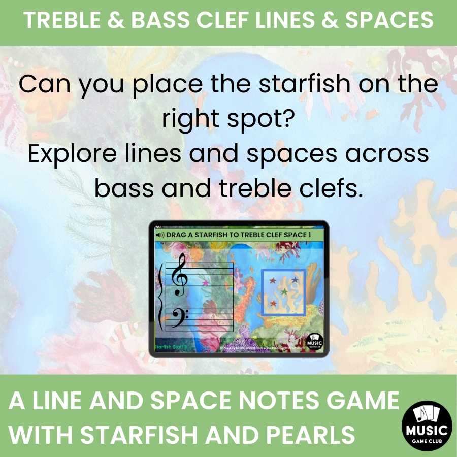 Treble Bass Clef Lines Spaces Boom™ Cards Digital Music Game (Starfish Staff 3)