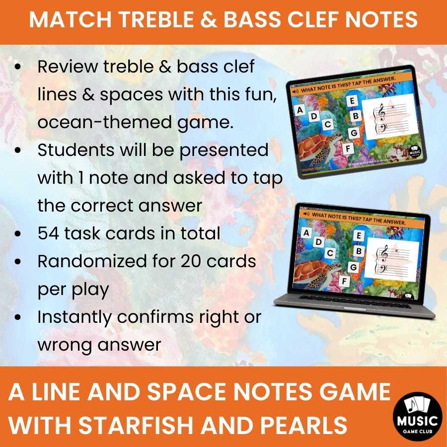 Note Naming Treble Bass, Lines Spaces Boom™ Cards Digital Music Game (Starfish Staff 4)