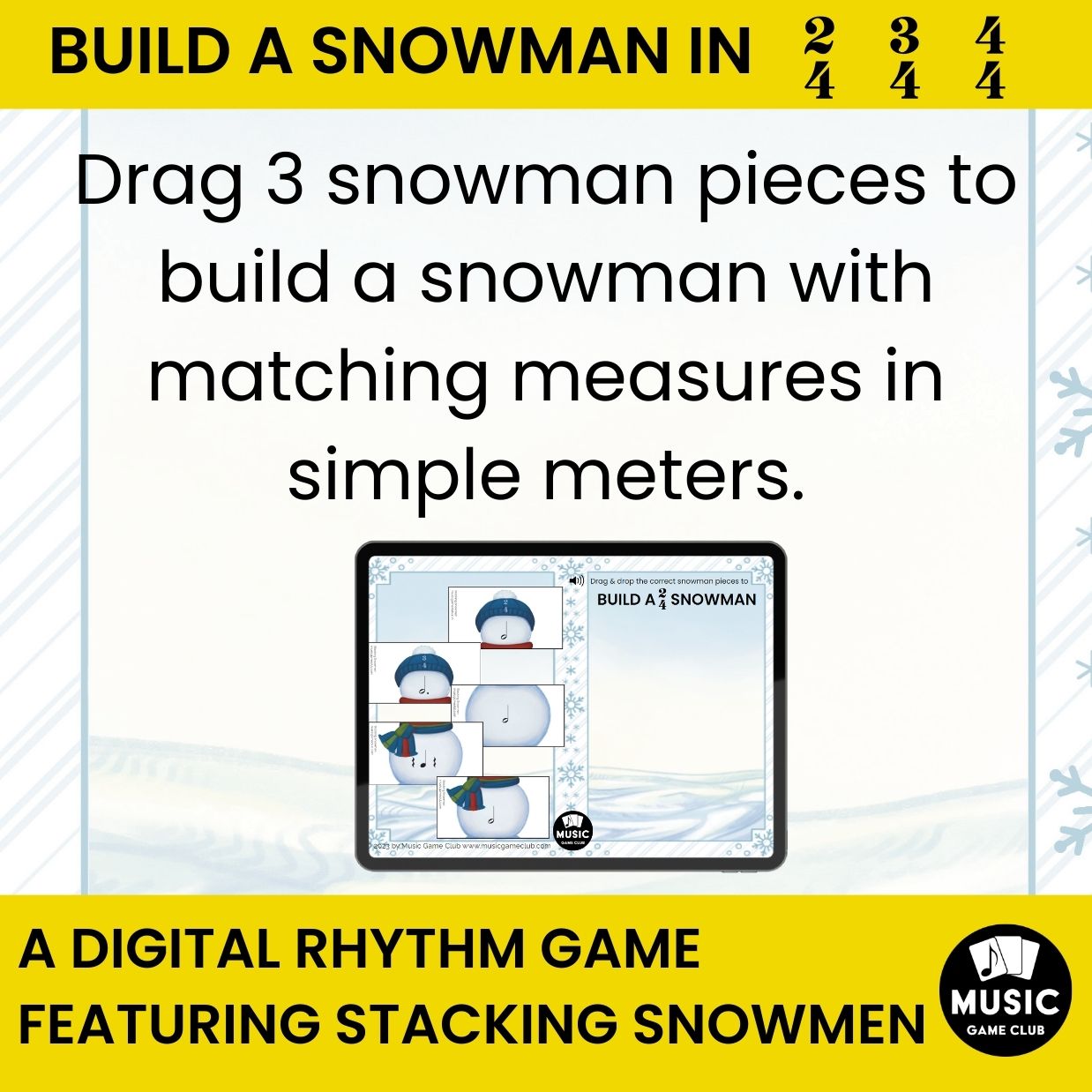 Build a Snowman in 2/4, 3/4, 4/4 EASY Boom™ Cards Digital Music Game (Stacking Snowmen 2)