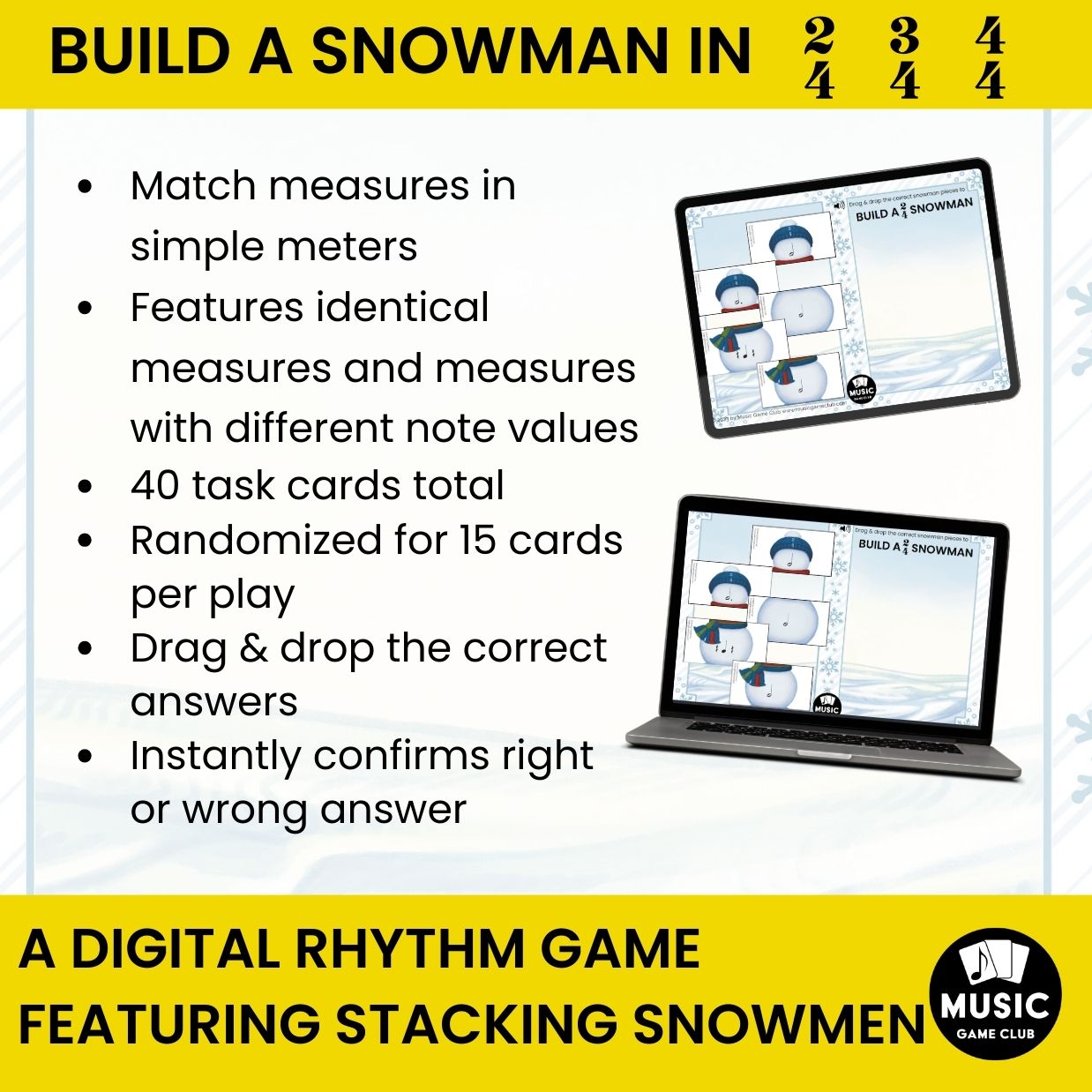 Build a Snowman in 2/4, 3/4, 4/4 EASY Boom™ Cards Digital Music Game (Stacking Snowmen 2)