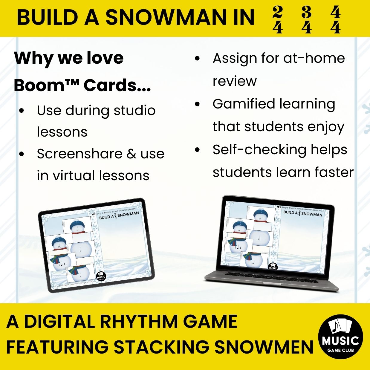 Build a Snowman in 2/4, 3/4, 4/4 EASY Boom™ Cards Digital Music Game (Stacking Snowmen 2)