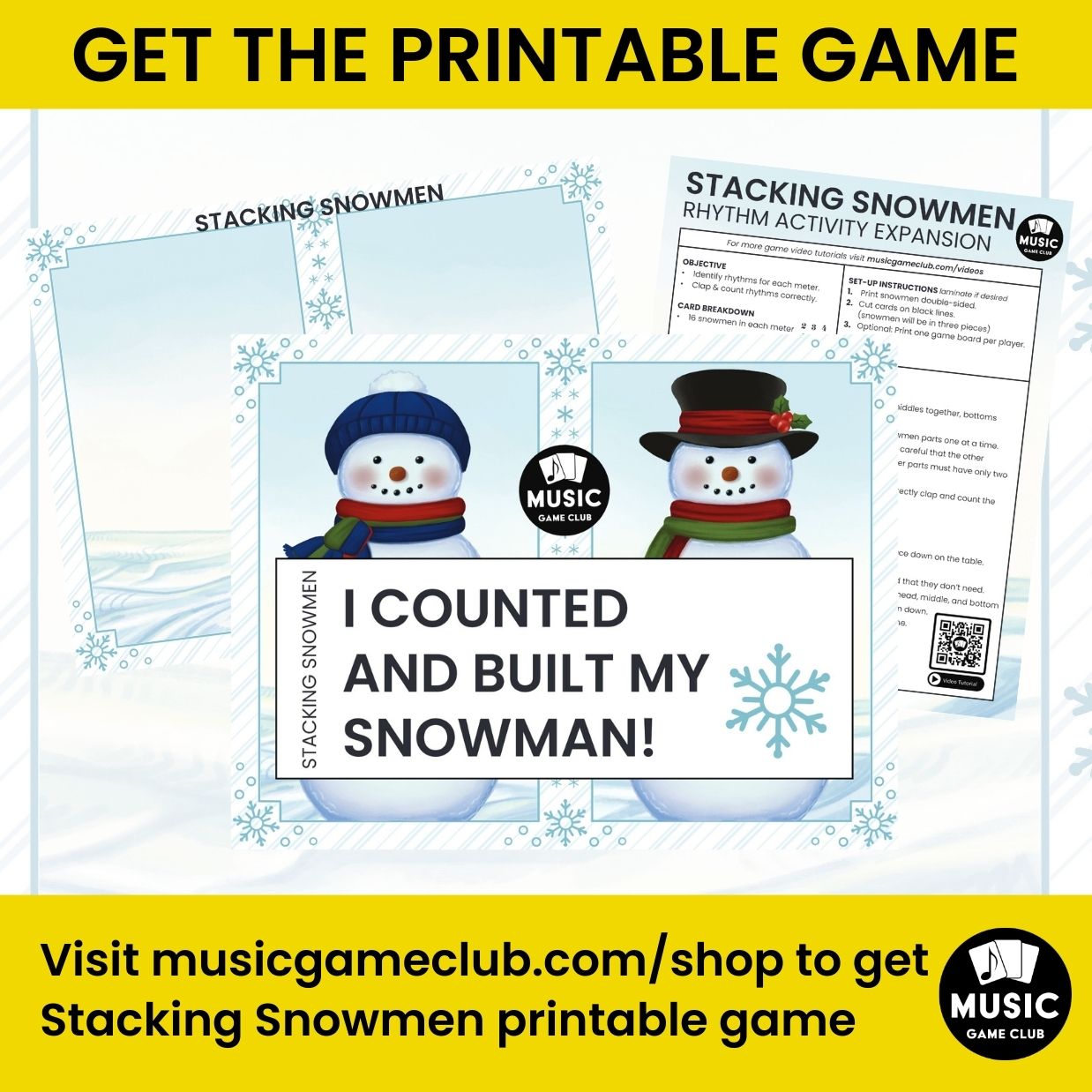 Build a Snowman in 2/4, 3/4, 4/4 EASY Boom™ Cards Digital Music Game (Stacking Snowmen 2)