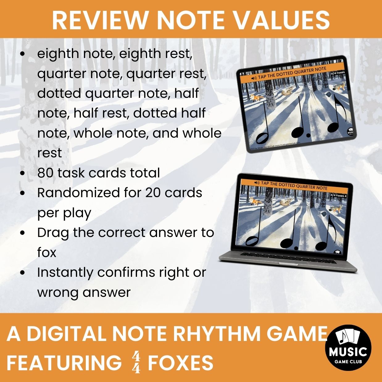 Easy Note Values Boom™ Cards Digital Music Game (4/4 Foxes 4)