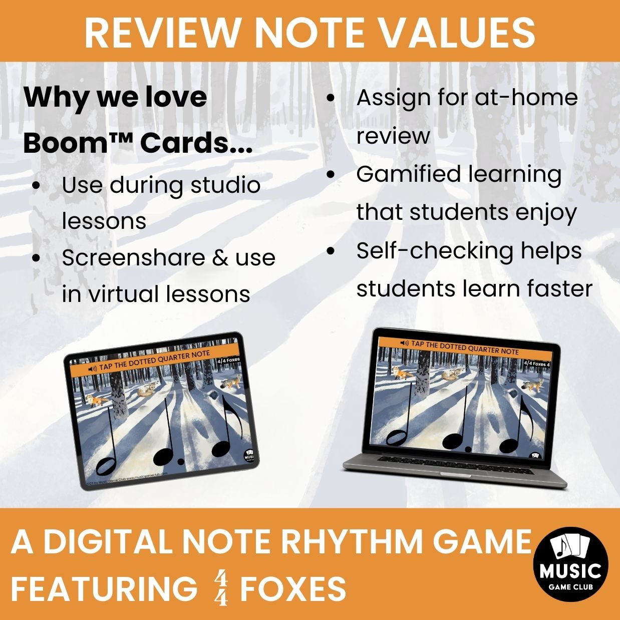 Easy Note Values Boom™ Cards Digital Music Game (4/4 Foxes 4)