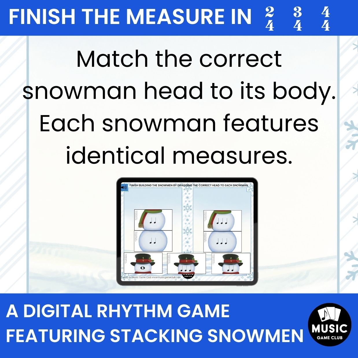 Finish the Measure in 2/4, 3/4, 4/4 EASY Boom™ Cards Digital Music Game (Stacking Snowmen 5)