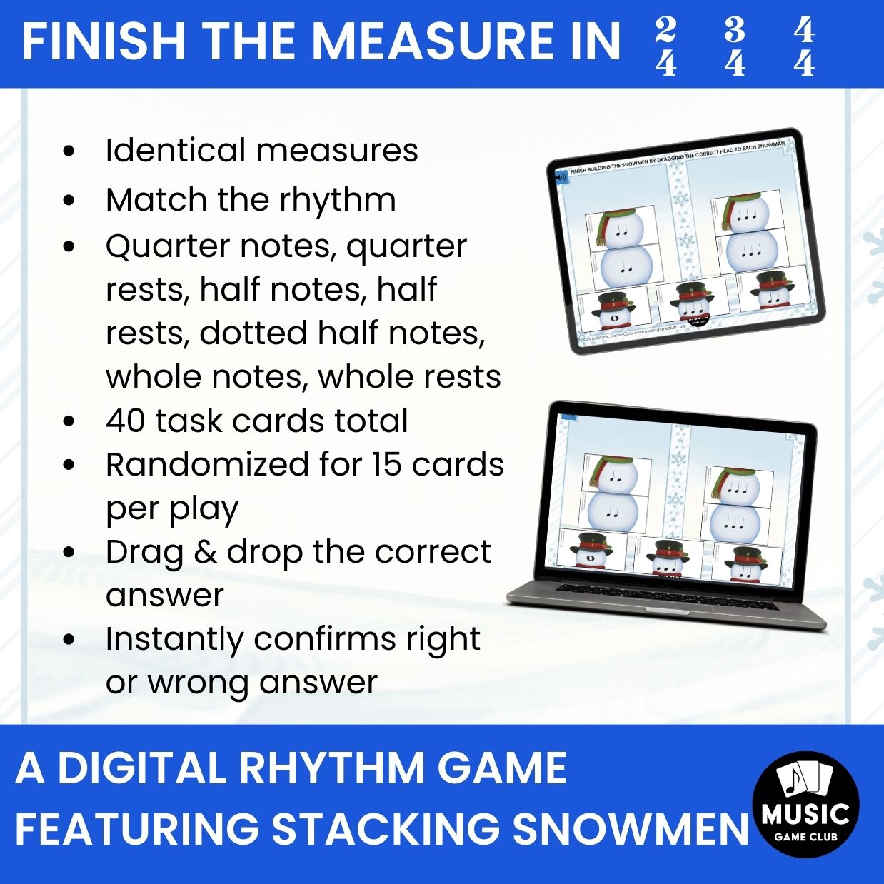 Finish the Measure in 2/4, 3/4, 4/4 EASY Boom™ Cards Digital Music Game (Stacking Snowmen 5)