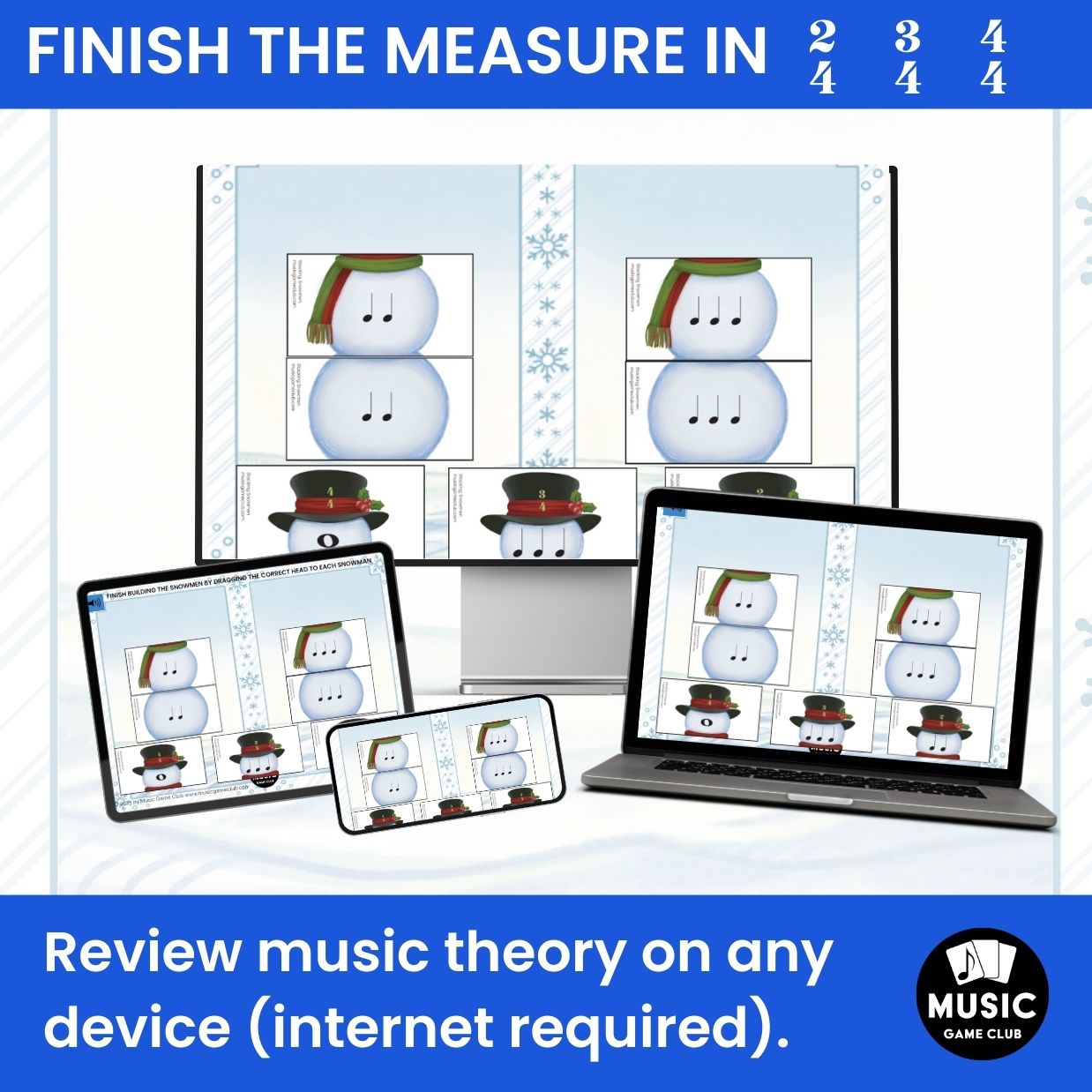 Finish the Measure in 2/4, 3/4, 4/4 EASY Boom™ Cards Digital Music Game (Stacking Snowmen 5)