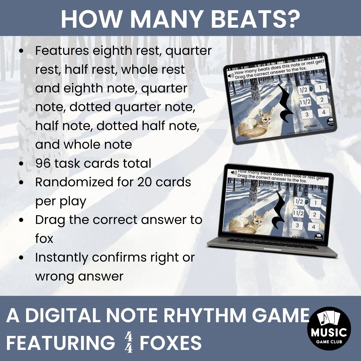 How Many Beats Does the Note or Rest Get? Boom™ Cards Digital Music Game (4/4 Foxes 1)