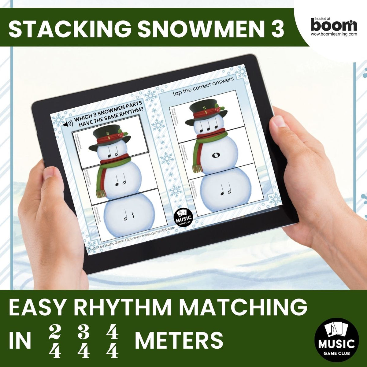 Rhythm Matching in 2/4, 3/4, 4/4 EASY Boom™ Cards Digital Music Game (Stacking Snowmen 3)